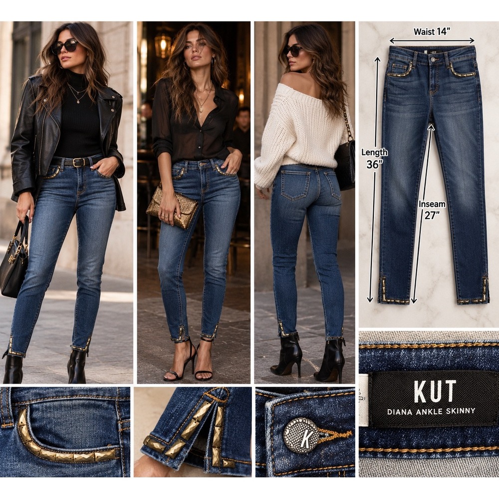 KUT from the Kloth Diana Skinny Jean 2 Gold Studded Ankle Rock Chic Indie Sleaze